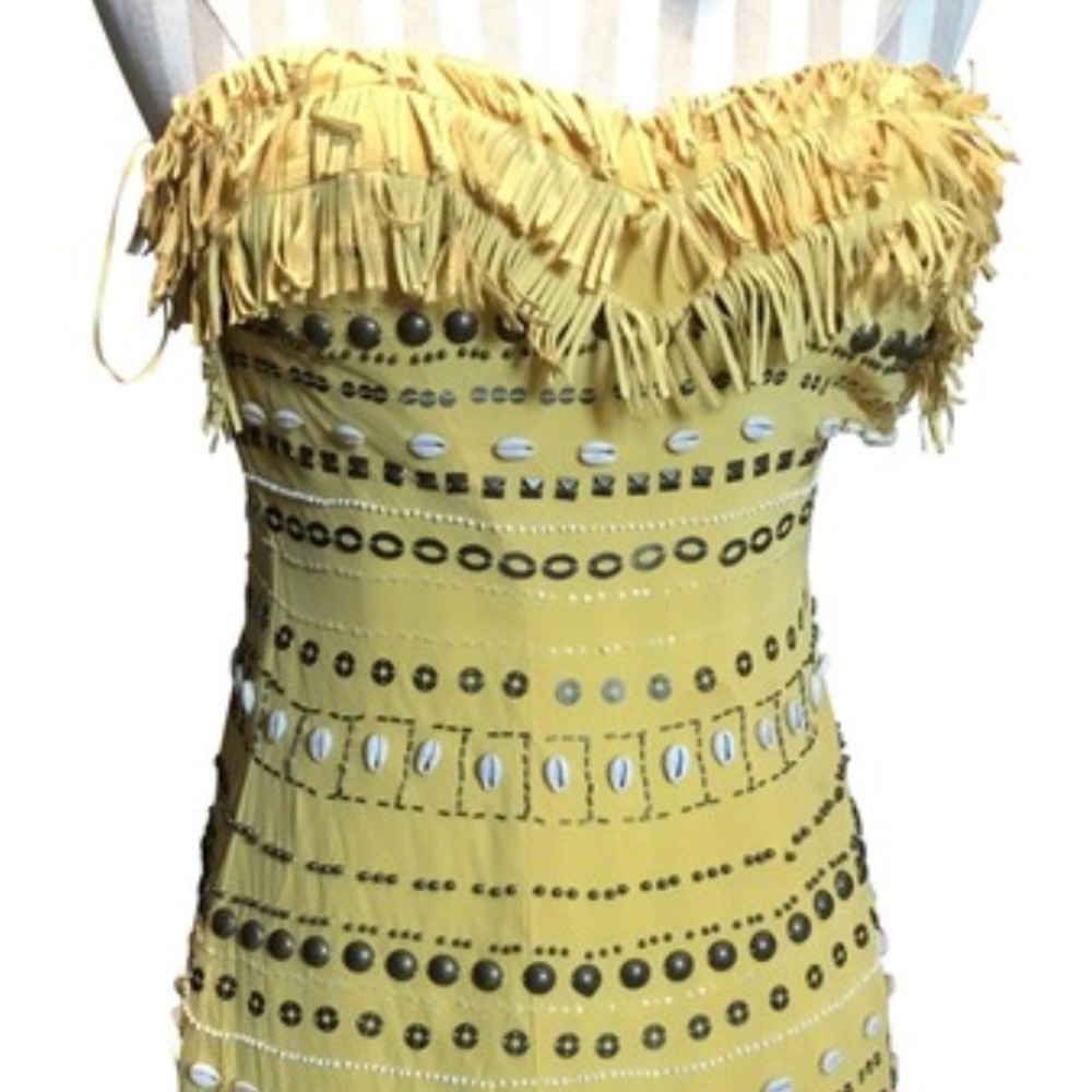 Bebe Delilah Yellow Embellished Silk Mini w Fringe